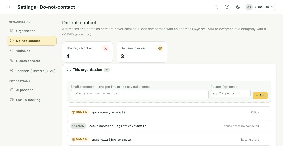 Do-not-contact settings with addresses and domains that are never emailed