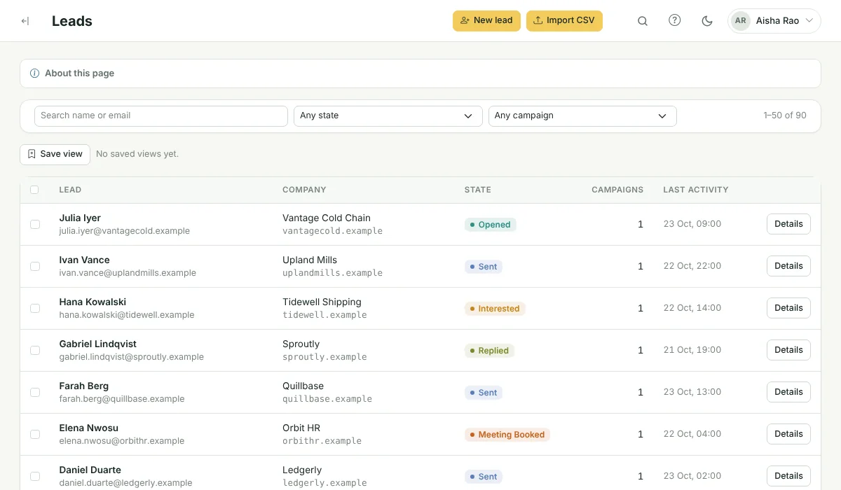 Leads table with search, state and campaign filters and colour-coded lead states