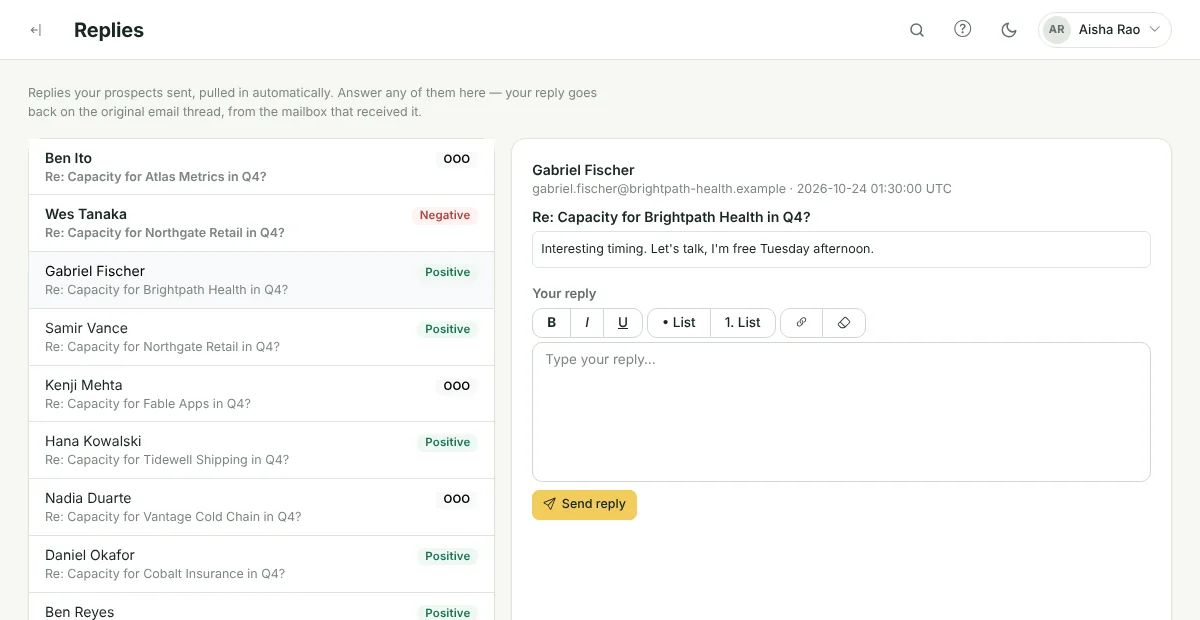 Replies inbox with AI labels Positive, OOO, Negative and Neutral and a replied marker